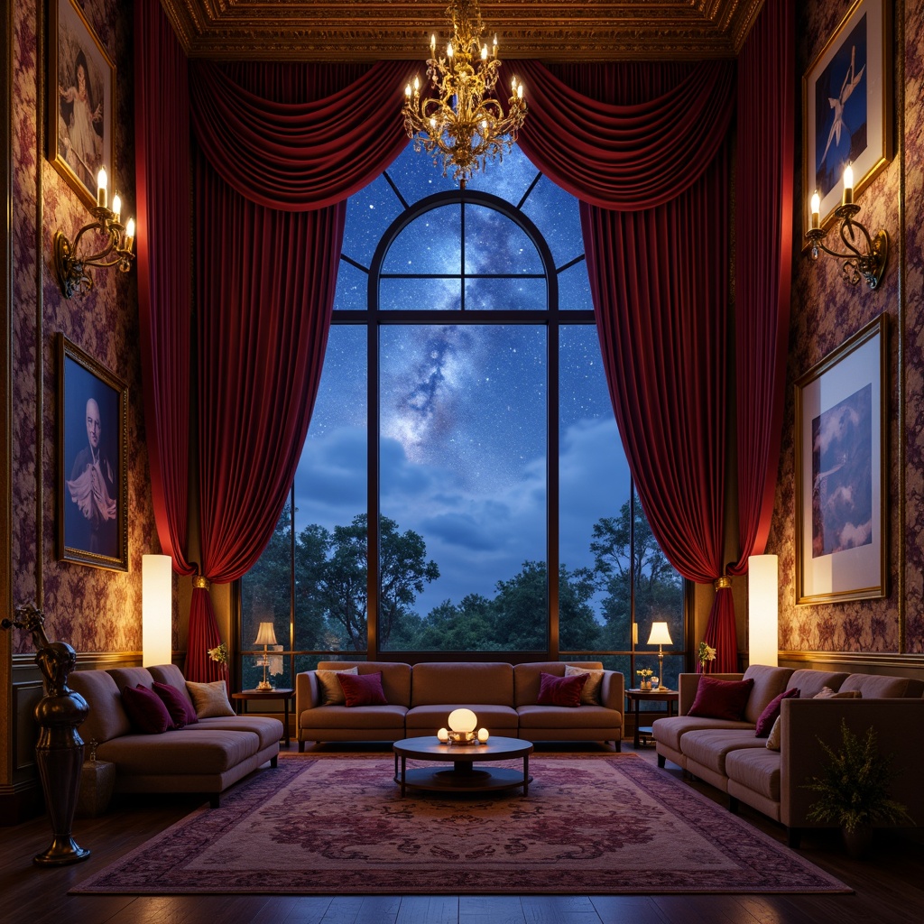 Prompt: Rich velvet drapes, ornate gilded frames, celestial starry night sky, deep blues and purples, golden accents, intricate frescoes, Baroque-inspired architecture, grandiose chandeliers, luxurious furnishings, lavish textures, opulent atmosphere, mystical astronomy symbols, antique telescopes, mysterious planetary orbs, subtle fog effects, dramatic spot lighting, warm candlelight, 1/2 composition, shallow depth of field, realistic reflections.