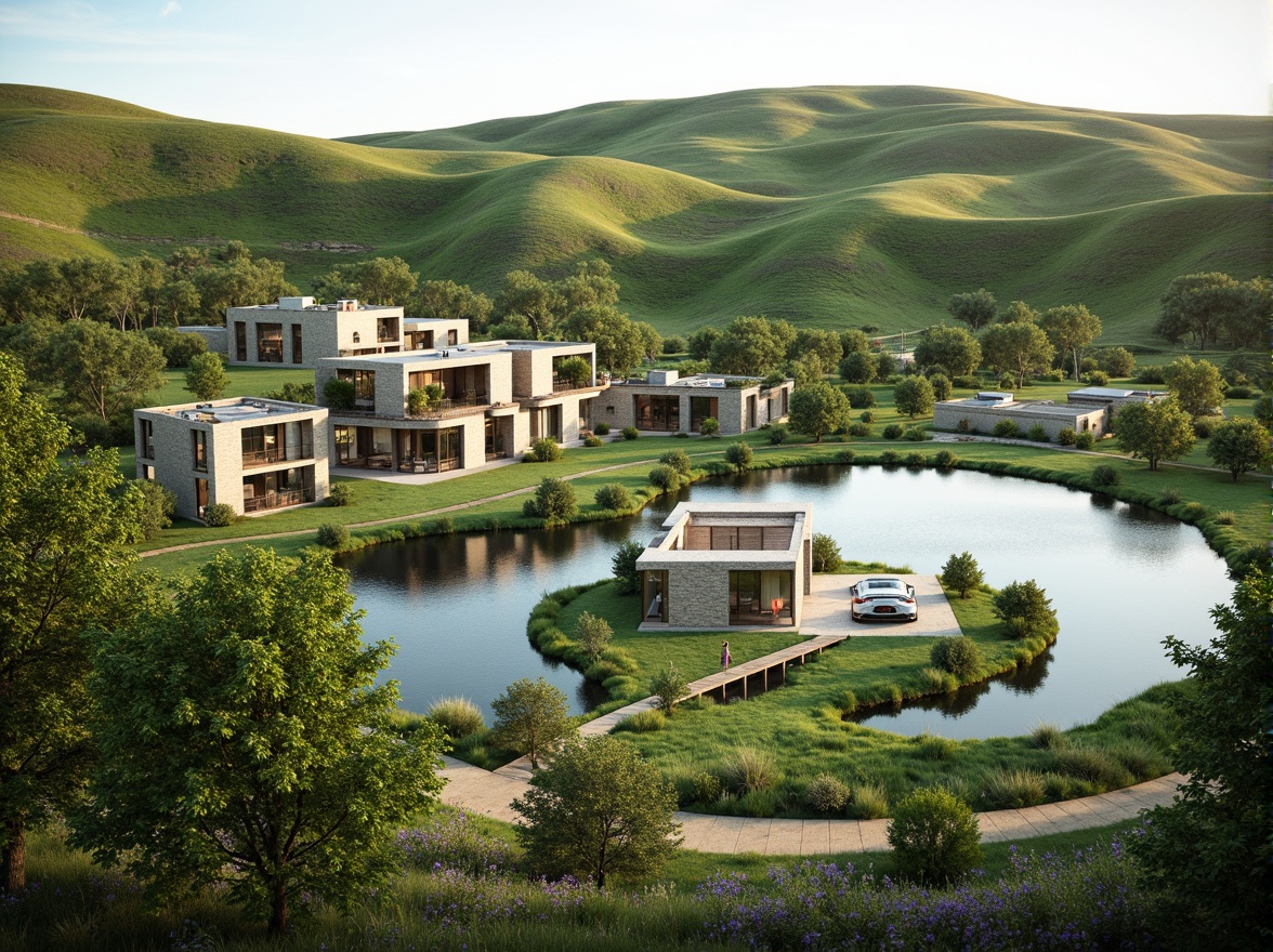 Prompt: Rolling hills, serene lake, lush greenery, walking trails, wooden bridges, modern architecture, sustainable design, eco-friendly materials, solar panels, green roofs, angular lines, minimalist structures, natural stone walls, glass facades, panoramic views, shallow depth of field, 3/4 composition, warm soft lighting, realistic textures, ambient occlusion.