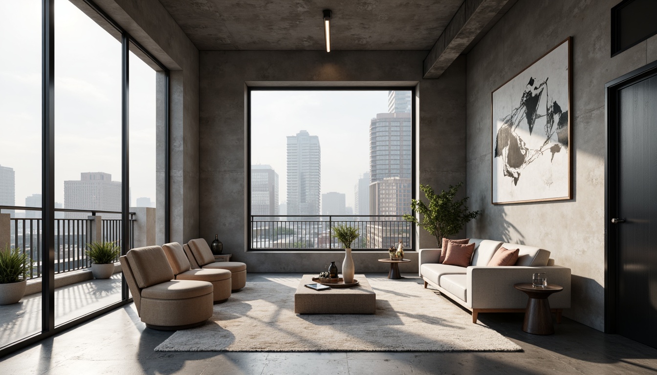 Prompt: Modern minimalist living room, sleek low-profile furniture, polished concrete floors, industrial metal beams, floor-to-ceiling windows, natural light pouring in, urban cityscape views, abstract artwork, geometric patterns, monochromatic color scheme, ambient soft lighting, 1/1 composition, realistic textures, shallow depth of field, atmospheric fog effect.