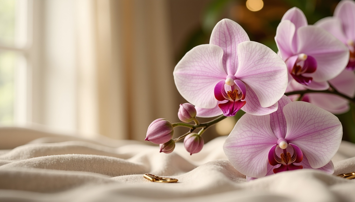 Prompt: Delicate orchid flowers, soft pastel hues, elegant petals, subtle shine, velvety texture, luxurious fabrics, sophisticated interior design, refined color palette, harmonious contrast, creamy whites, rich gold accents, subtle purple undertones, warm beige backgrounds, dramatic lighting effects, shallow depth of field, 1/2 composition, cinematic view, realistic rendering, ambient occlusion.