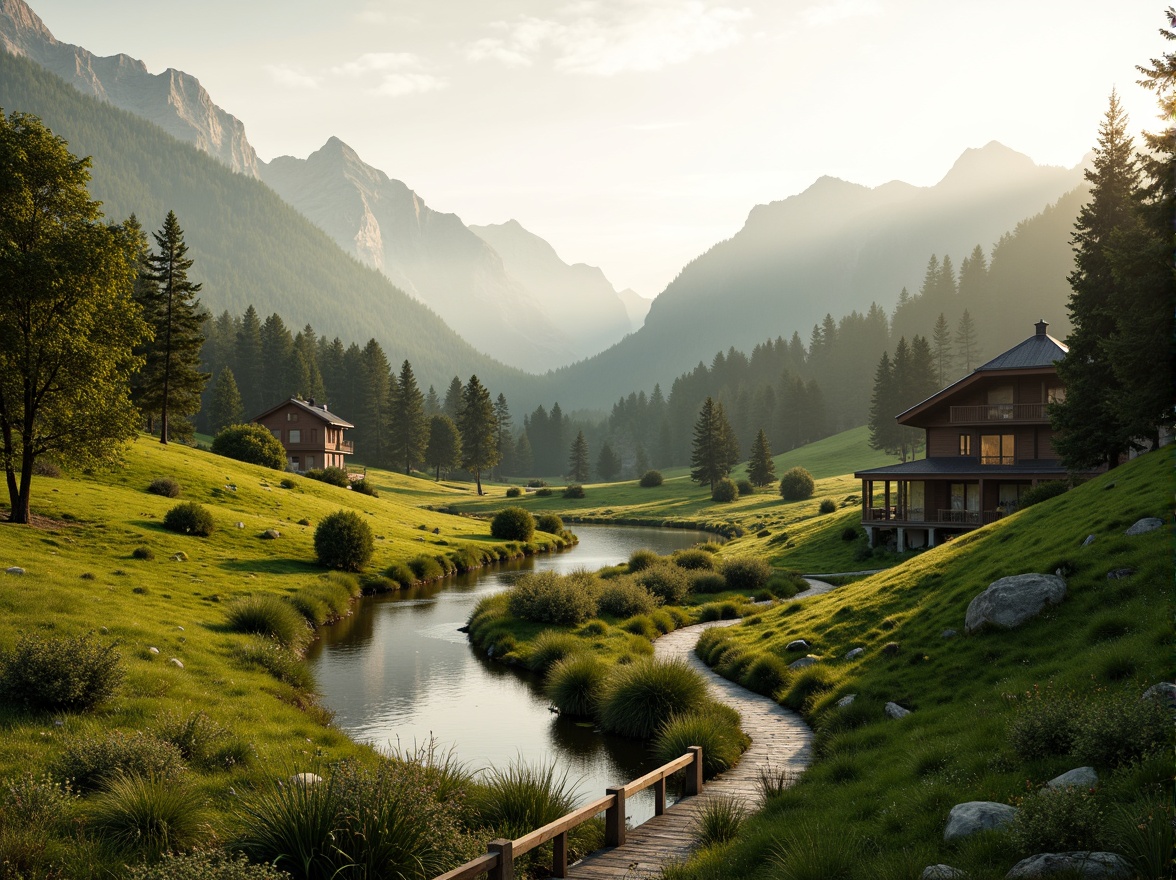 Prompt: Scenic valley landscape, rolling hills, lush green meadows, serene lakeside, rustic wooden bridges, natural stone pathways, winding trails, verdant forests, majestic mountain ranges, misty foggy atmosphere, warm golden lighting, soft focus effect, 1/2 composition, symmetrical framing, realistic textures, ambient occlusion, harmonious integration of modern architecture with the natural environment.