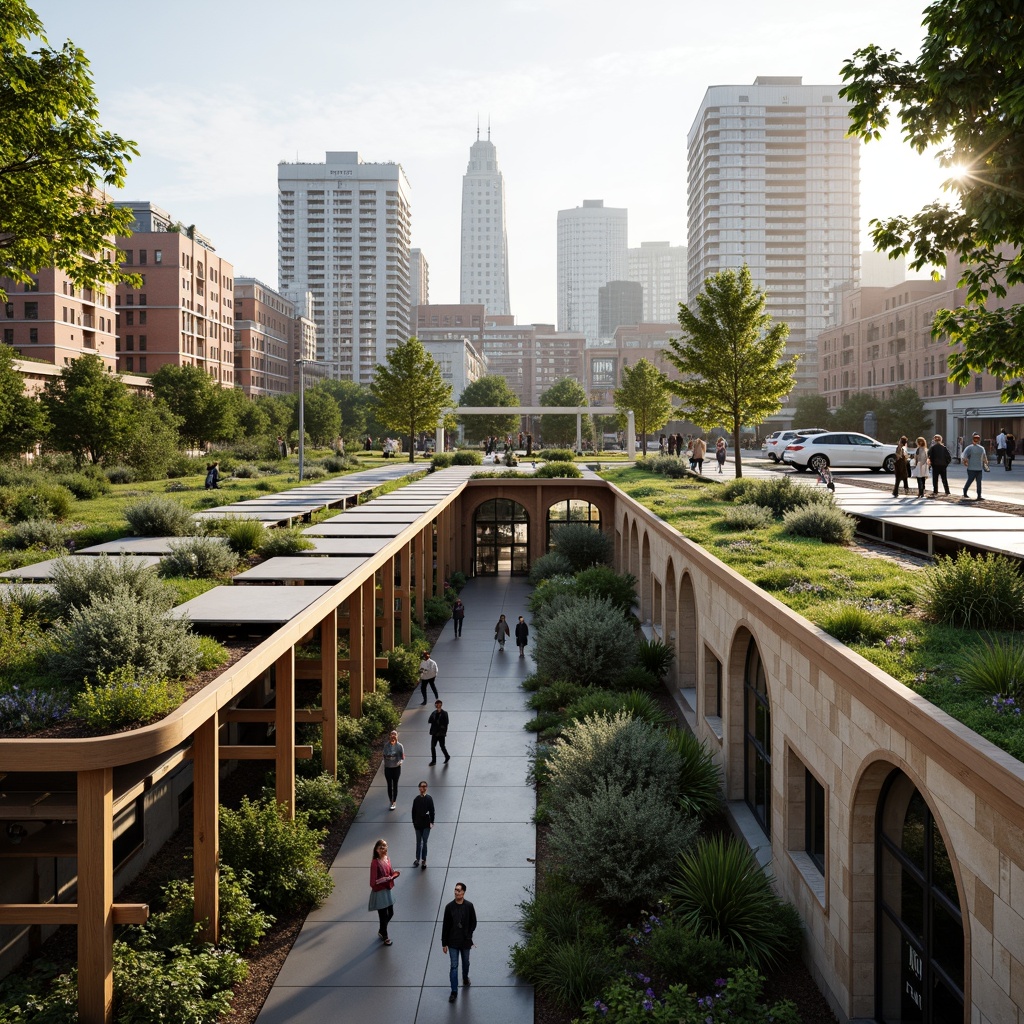 Prompt: Eco-friendly train station, lush green roofs, solar panels, wind turbines, rainwater harvesting systems, natural stone walls, reclaimed wood accents, energy-efficient lighting, large skylights, open atriums, minimalist design, organic curves, native plant species, urban gardens, bustling cityscape, morning commute, soft warm lighting, shallow depth of field, 1/1 composition, realistic textures, ambient occlusion.