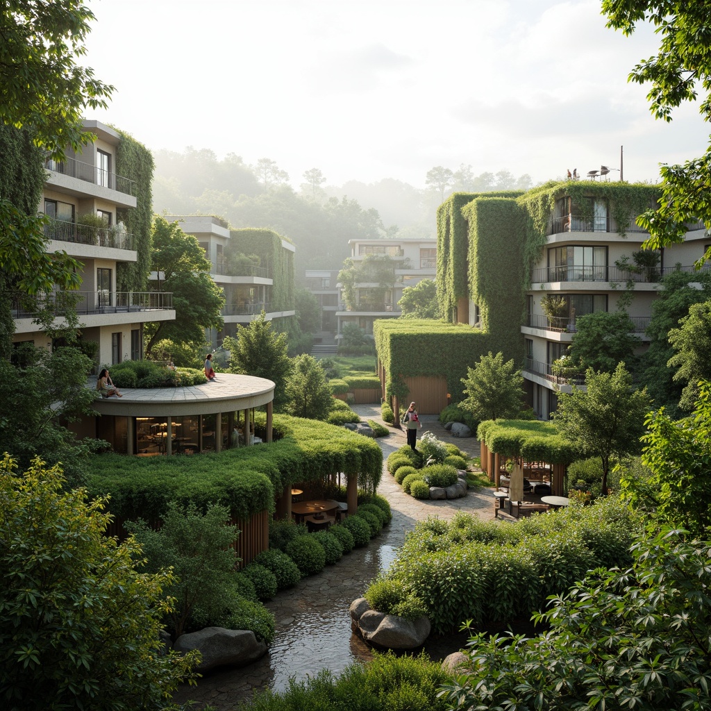 Prompt: Eco-friendly buildings, lush green roofs, living walls, rainwater harvesting systems, solar panels, wind turbines, natural ventilation, energy-efficient windows, recycled materials, bamboo flooring, low-carbon footprint, minimalist design, organic shapes, earthy color palette, serene atmosphere, abundant natural light, soft shadows, 1/1 composition, realistic textures, ambient occlusion, misty morning, gentle breeze.