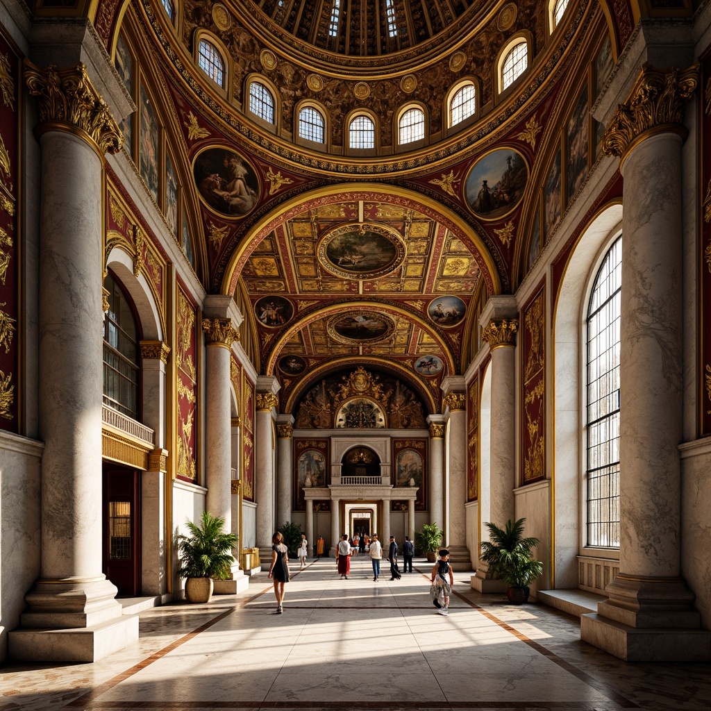 Prompt: Intricate mosaics, golden domes, ornate arches, lavish frescoes, grandiose columns, ornamental capitals, richly patterned textiles, majestic entranceways, imposing stone walls, lavish marble floors, gilded accents, vibrant stained glass windows, soft warm lighting, high contrast shadows, 1/1 composition, dramatic camera angles, realistic material textures, ambient occlusion.