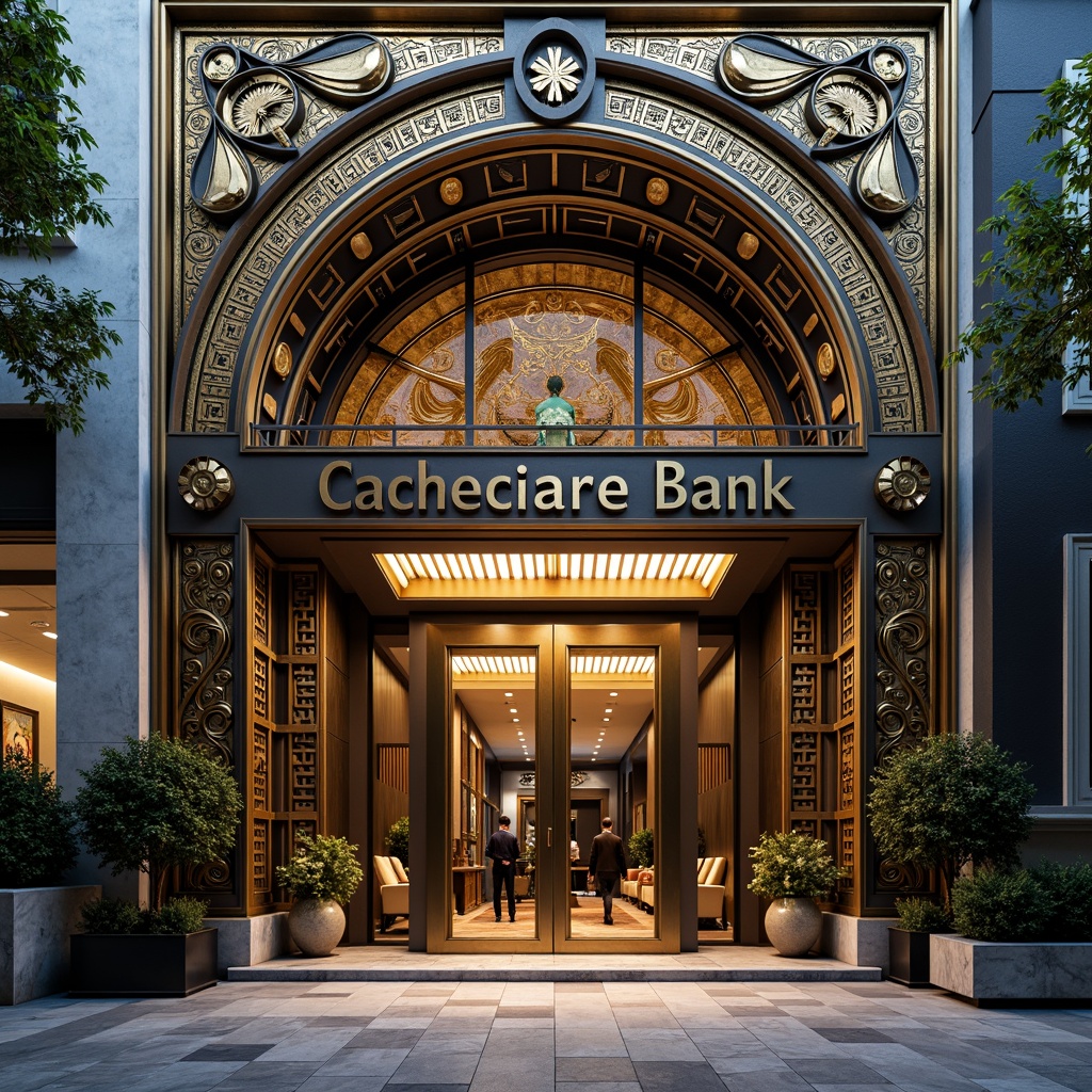 Prompt: Ornate bank facade, Art Deco influences, geometric shapes, metallic materials, bold lines, vibrant colors, eclectic patterns, ornamental details, luxurious atmosphere, high-contrast lighting, dramatic shadows, 1/1 composition, symmetrical view, realistic reflections, ambient occlusion, grand entrance, marble columns, bronze doors, intricate mosaics, lavish decorations.