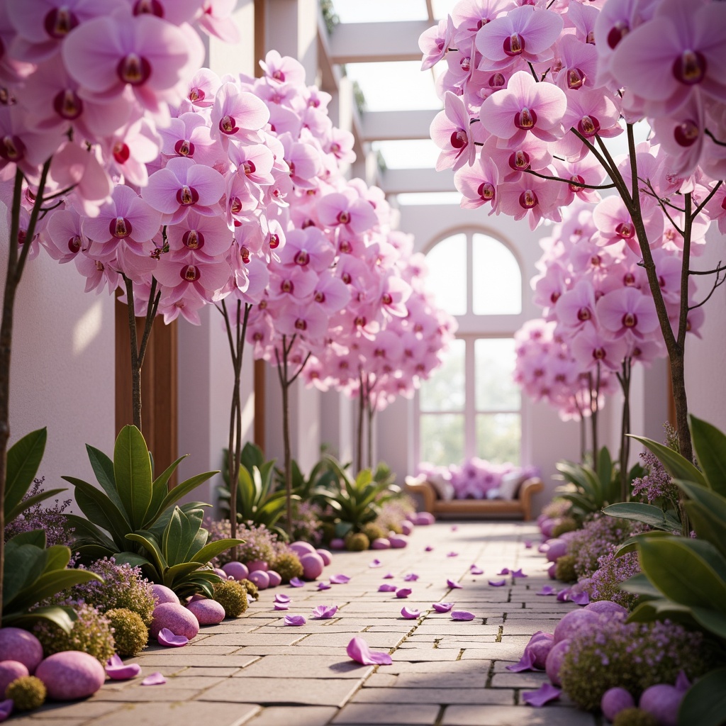 Prompt: Ethereal orchid-inspired atmosphere, delicate petal-like structures, soft velvety textures, pastel pink hues, lavender undertones, golden accents, natural stone flooring, lush greenery, whimsical illustrations, dreamy lighting, shallow depth of field, 1/1 composition, warm color harmony, subtle gradient effects.