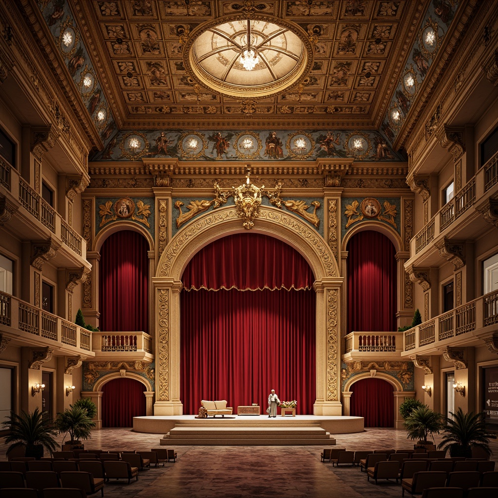 Prompt: Intricate arches, ornate mosaics, golden domes, grandiose stages, red velvet curtains, luxurious balconies, ornamental columns, marble floors, Byzantine-inspired patterns, lavish chandeliers, soft warm lighting, dramatic shadows, 1/1 composition, shallow depth of field, realistic textures, ambient occlusion.