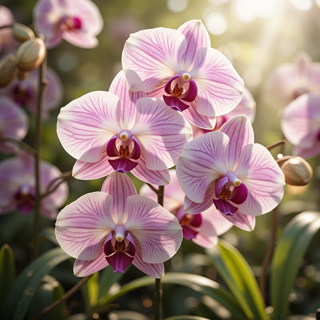 Prompt: Delicate orchid flowers, pastel pink hues, soft lavender shades, creamy whites, warm beige tones, rich berry accents, subtle golden highlights, intricate floral patterns, lush green foliage, whimsical watercolor textures, dreamy atmospheric lighting, shallow depth of field, 1/1 composition, intimate close-up view, realistic delicate petals, ambient occlusion.