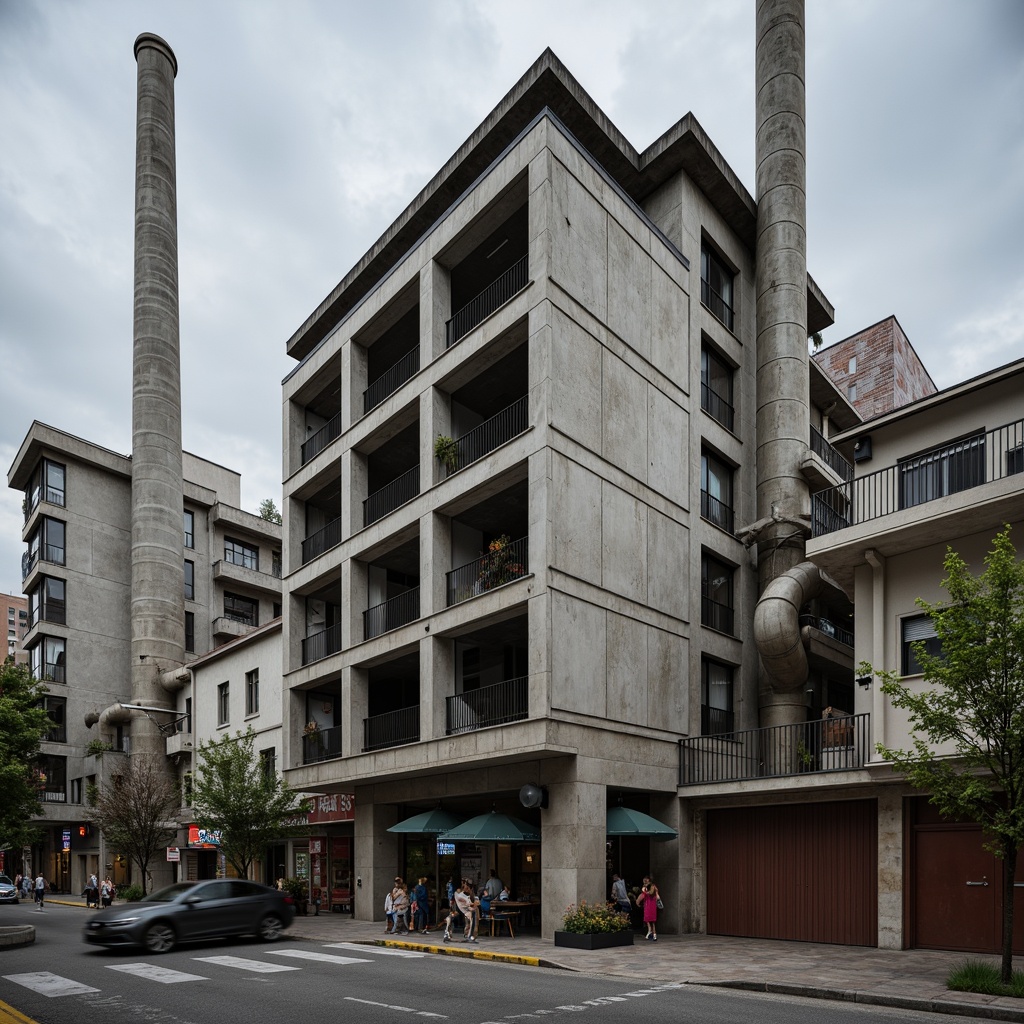 Prompt: Raw concrete buildings, exposed ductwork, industrial pipes, functional architecture, urban landscape, busy streets, loading docks, cargo containers, steel beams, rugged textures, weathered surfaces, dramatic lighting, high contrast shadows, abstract compositions, 1/1 aspect ratio, bold geometric shapes, fortress-like structures, brutalist style, reinforced materials, utilitarian design, functional spaces, mechanized systems, overhead cranes, pulleys and winches, concrete pillars, minimalist aesthetics.