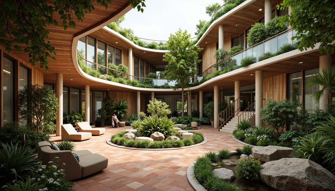 Prompt: Nature-inspired hospital, organic curves, living green walls, natural light pouring, wooden accents, reclaimed wood furniture, earthy color palette, terracotta flooring, large windows, sliding glass doors, lush indoor gardens, water features, soothing soundscapes, calming ambiance, non-toxic materials, energy-efficient systems, circular layout, open-air courtyards, vibrant tropical plants, natural stone columns, warm LED lighting, shallow depth of field, 1/1 composition, realistic textures, ambient occlusion.