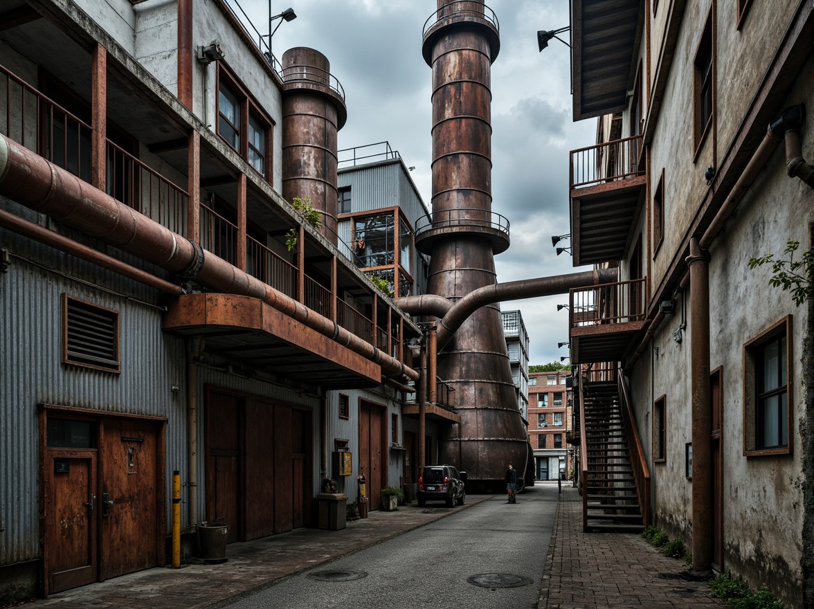 Prompt: Industrial energy plant, rugged metal exteriors, rusted steel pipes, corrugated iron rooftops, weathered concrete walls, distressed wooden accents, worn-out machinery, functional catwalks, metallic staircases, exposed ductwork, overhead cranes, industrial lighting fixtures, dramatic shadows, high-contrast textures, realistic wear and tear, 1/2 composition, medium shot, soft focus, ambient occlusion.