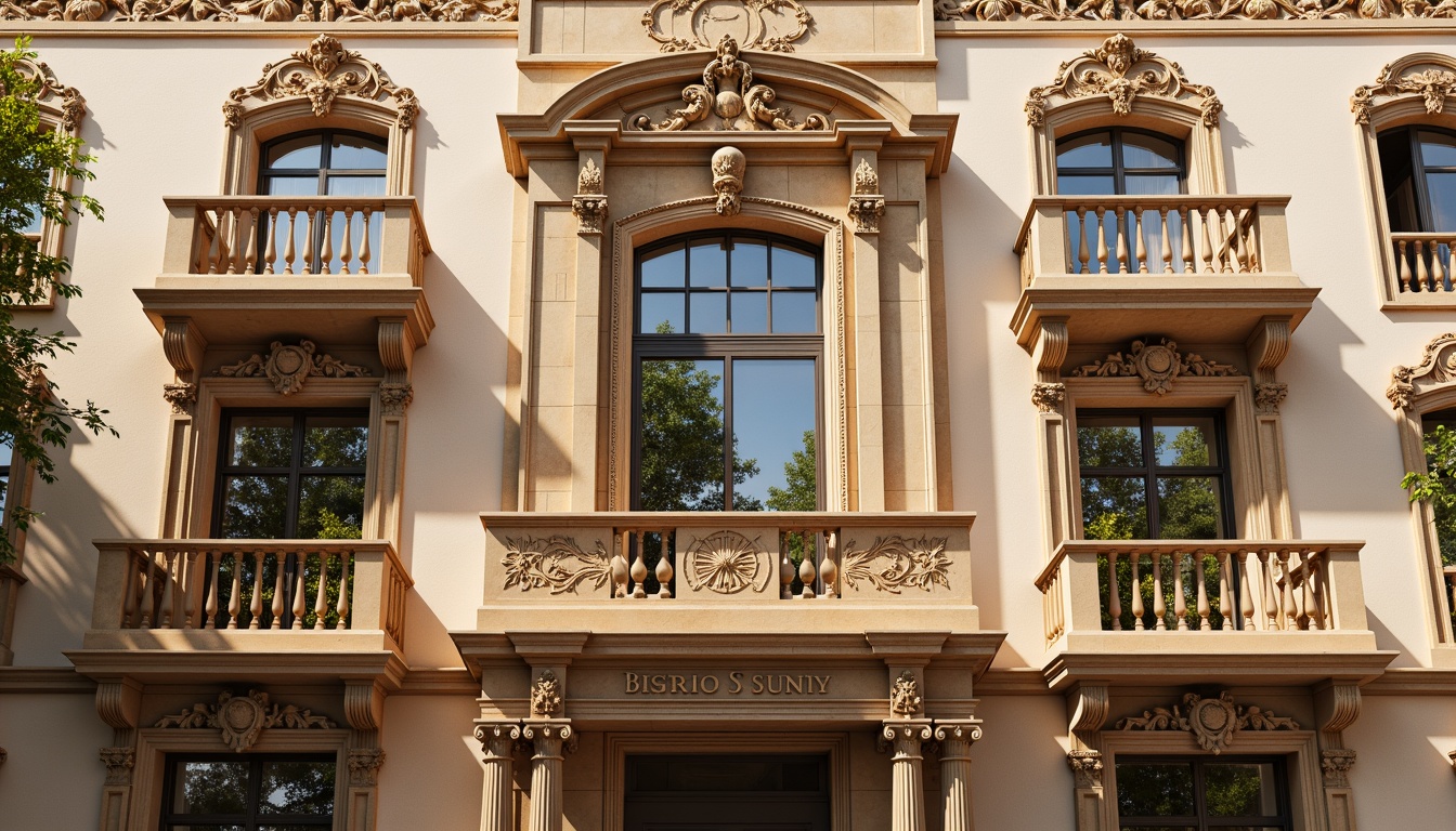 Prompt: Grand ornate facade, classical Renaissance architecture, symmetrical composition, intricate stone carvings, ornamental balconies, arched windows, rusticated quoins, Corinthian columns, sculpted tympanum, gilded details, warm beige stone walls, soft golden lighting, shallow depth of field, 1/1 composition, realistic textures, ambient occlusion.