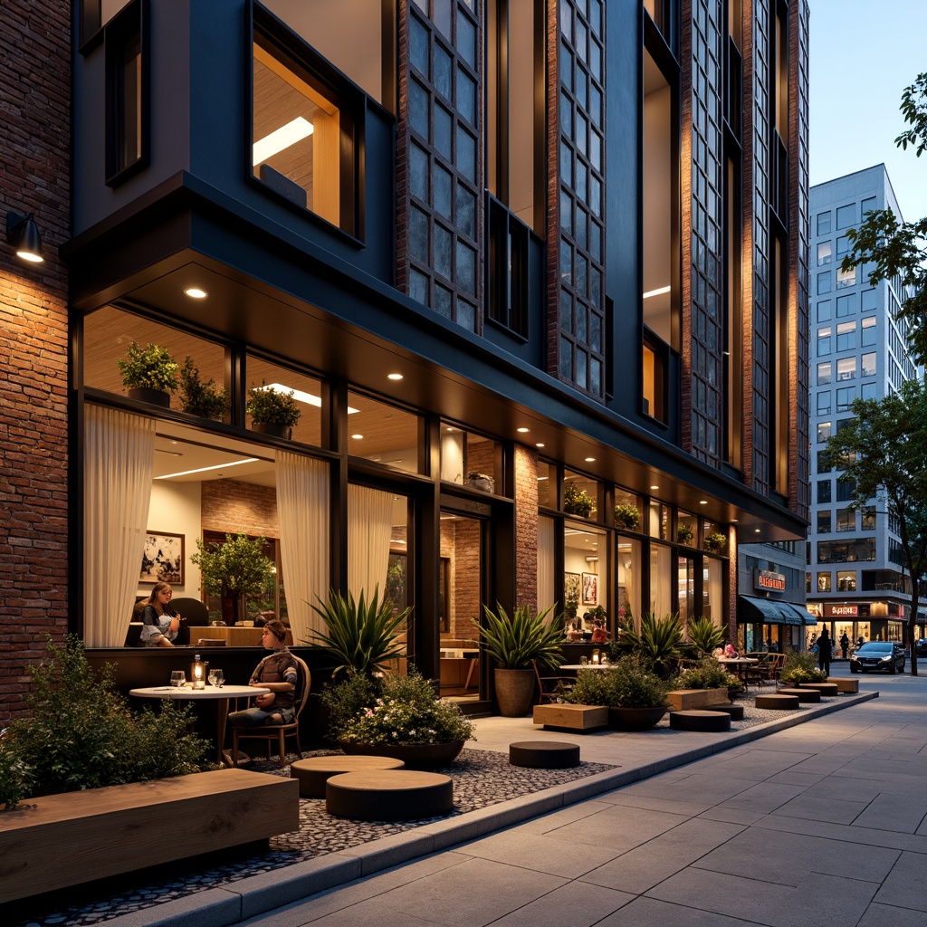 Prompt: Artistic restaurant facade, industrial chic aesthetic, exposed brick walls, steel beams, reclaimed wood accents, geometric metal patterns, modern minimalist signage, large glass windows, sliding doors, urban cityscape, bustling streets, evening ambiance, warm golden lighting, shallow depth of field, 2/3 composition, realistic textures, ambient occlusion.