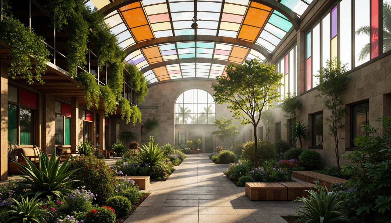 Prompt: Vibrant greenhouse facade, expressive curvaceous lines, lush greenery, tropical plants, exotic flowers, misty atmosphere, warm soft lighting, organic shapes, irregular forms, bold colorful glazing, textured glass surfaces, natural stone walls, reclaimed wood accents, modern minimalist decor, spacious interior, airy feel, abundant natural light, 1/1 composition, shallow depth of field, realistic plant textures, ambient occlusion.