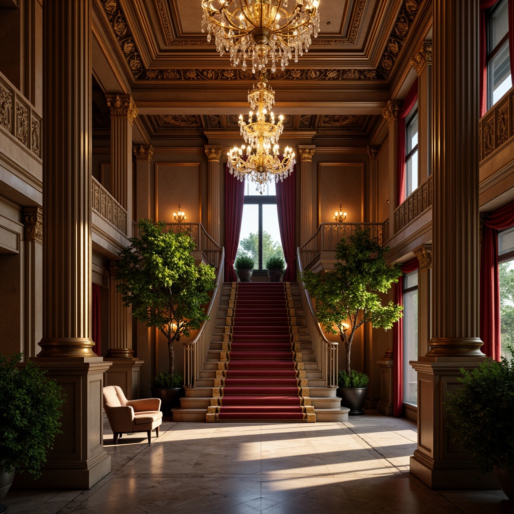 Prompt: Elegant mansion, ornate fa\u00e7ade, Corinthian columns, grand entrance, sweeping staircases, intricately carved wood, gilded details, crystal chandeliers, velvet drapes, marble floors, rich jewel tones, muted earthy hues, warm golden lighting, soft focus, atmospheric perspective, 1/2 composition, dramatic shadows, ornate frame, high-contrast ratio.