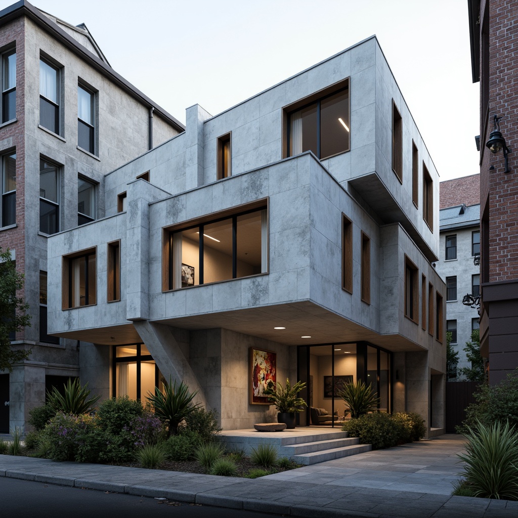 Prompt: Brutalist house, rugged concrete facade, geometric forms, raw textures, fortress-like structure, asymmetrical composition, bold cantilevered elements, minimalist decor, industrial materials, exposed ductwork, brutalist aesthetics, urban context, dense cityscape, narrow alleyways, gritty urban feel, high-contrast lighting, dramatic shadows, 1/1 composition, symmetrical framing, realistic renderings, atmospheric effects.