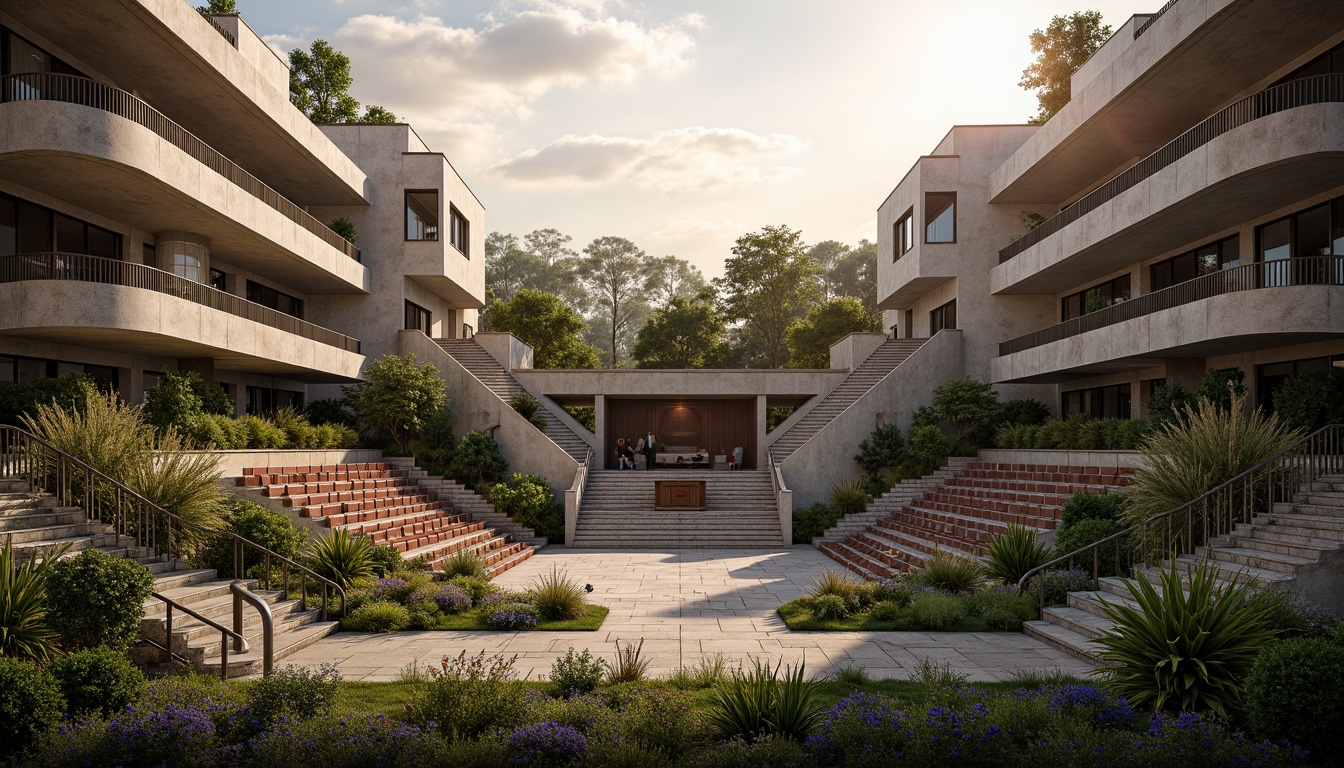 Prompt: Rugged amphitheater, brutalist architecture, raw concrete walls, cantilevered seating areas, grand staircase, open-air performance space, lush greenery, wildflowers, natural stone paving, dramatic lighting, warm sunset ambiance, shallow depth of field, 1/1 composition, symmetrical framing, realistic textures, ambient occlusion.