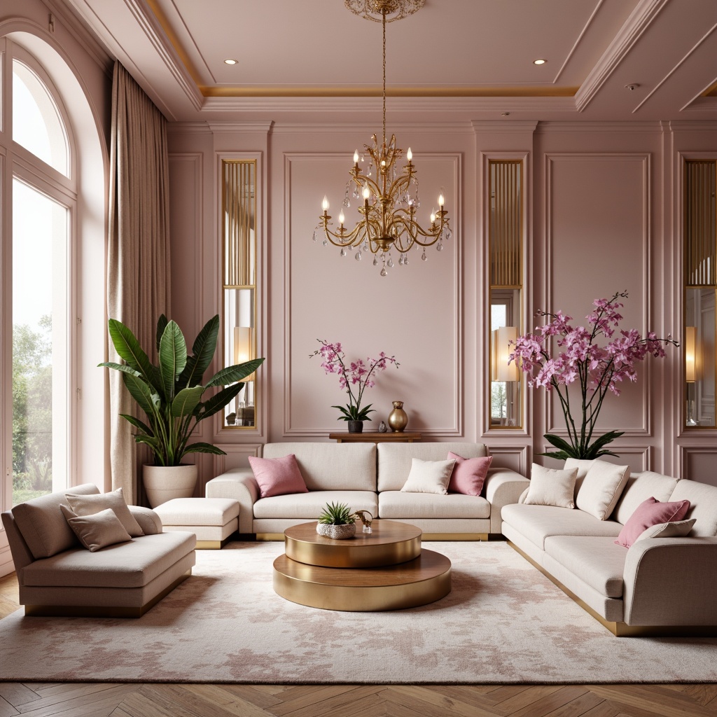 Prompt: \Luxurious orchid-inspired interior design, soft blush hues, delicate pastel shades, warm beige accents, velvety textures, ornate patterns, metallic gold details, opulent furnishings, lavish fabrics, subtle sheen, natural light, airy atmosphere, elegant simplicity, refined sophistication, 1/1 composition, shallow depth of field, warm gentle lighting.\