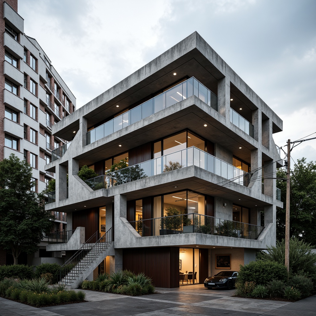 Prompt: Rugged brutalist house, raw concrete exterior, fortress-like structure, dramatic cantilevered rooflines, angular geometric shapes, industrial metal accents, bold color blocking, urban cityscape backdrop, overcast skies, high-contrast lighting, deep shadows, 1/2 composition, wide-angle lens, realistic textures, ambient occlusion.