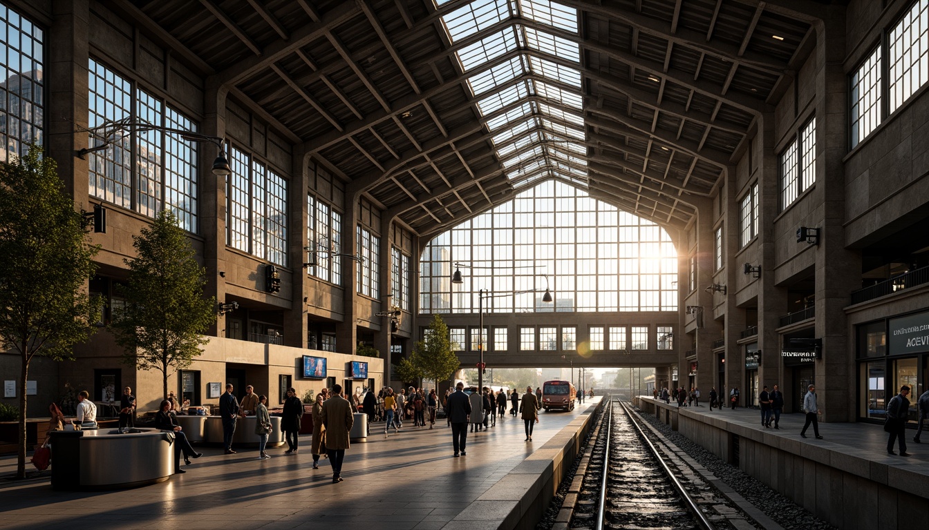 Prompt: Grand train station, high ceilings, natural ventilation systems, large windows, clerestory windows, skylights, steel beams, industrial architecture, modern design, urban landscape, city views, bustling atmosphere, morning light, soft warm glow, shallow depth of field, 1/2 composition, realistic textures, ambient occlusion, people walking, train tracks, rail platforms, waiting areas, ticket counters, departure boards.