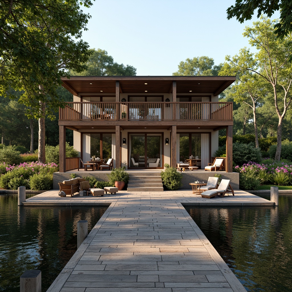 Prompt: Rustic boathouse, wooden dock, serene lake views, surrounding lush greenery, vibrant flowers, natural stone walkways, weathered wood accents, nautical decor, open decks, sliding glass doors, expansive windows, soft warm lighting, shallow depth of field, 3/4 composition, panoramic view, realistic textures, ambient occlusion.