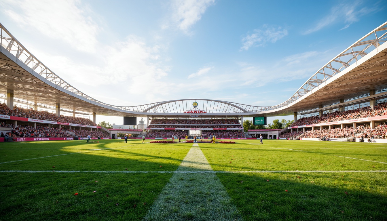 Prompt: Sleek football stadium, lightweight roofing system, curved steel beams, tensile fabric membranes, transparent polycarbonate panels, cantilevered upper tiers, open-air concourses, modern athletic facilities, bright green grass, vibrant team colors, dynamic crowd atmosphere, sunny afternoon, soft warm lighting, shallow depth of field, 3/4 composition, panoramic view, realistic textures, ambient occlusion.