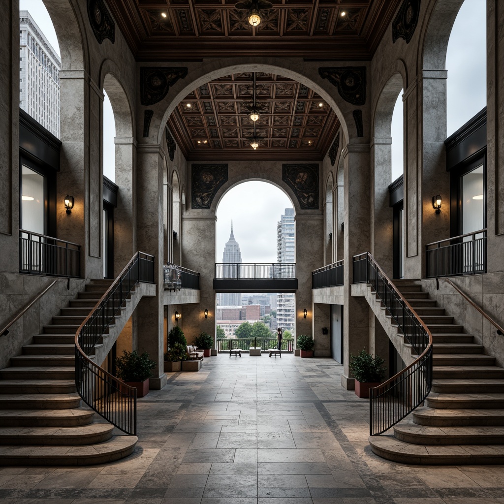 Prompt: Exquisite arches, robust columns, ornate balustrades, grand staircases, intricate ceiling patterns, luxurious marble floors, sleek metal railings, modernist brutalism, industrial chic aesthetic, exposed ductwork, polished concrete walls, minimalist window frames, urban cityscape, overcast sky, dramatic shadows, high-contrast lighting, 1/2 composition, symmetrical framing, detailed textures, cinematic atmosphere.