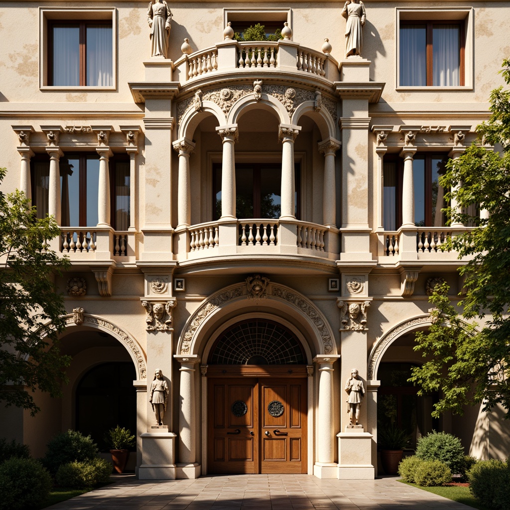 Prompt: Ornate Renaissance facade, grandiose columns, intricately carved stone details, ornamental balustrades, symmetrical composition, rustic stone walls, arched windows, classical pediments, decorative cornices, statues of mythological figures, lavish ornateness, warm golden lighting, shallow depth of field, 2/3 composition, realistic textures, ambient occlusion.