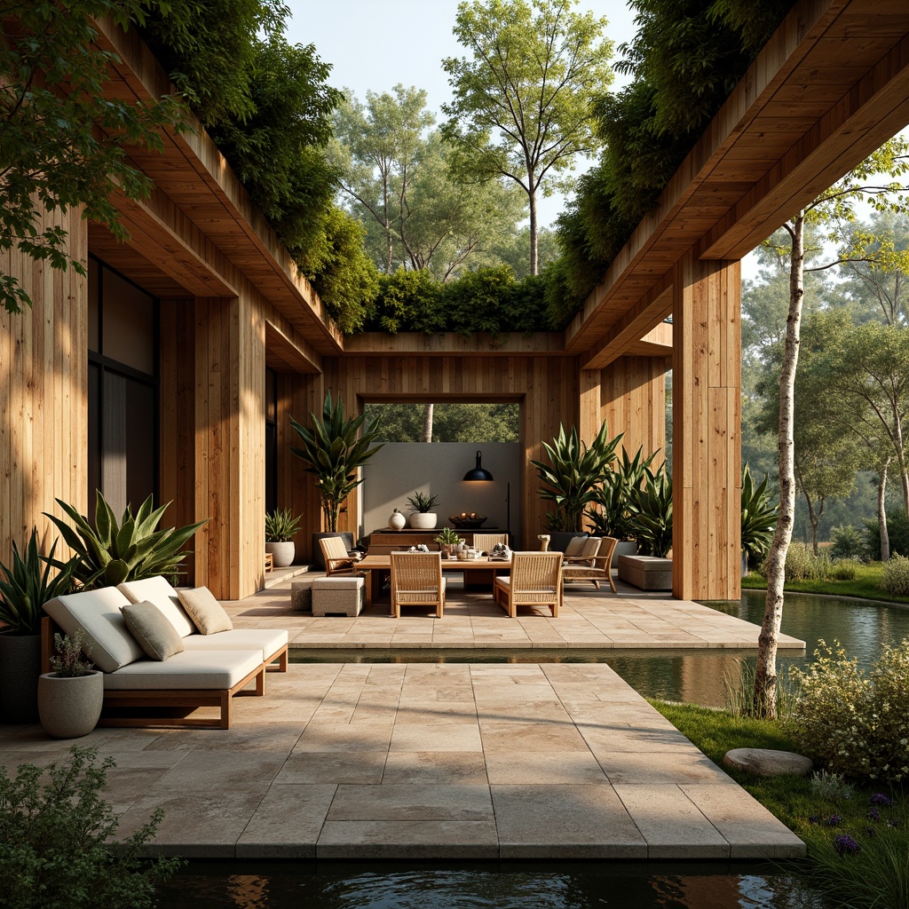 Prompt: Earth-toned organic architecture, reclaimed wood accents, natural stone walls, living green roofs, bamboo flooring, woven rattan furniture, earthy color palette, moss-covered surfaces, water features, serene ambiance, soft warm lighting, shallow depth of field, 3/4 composition, panoramic view, realistic textures, ambient occlusion.