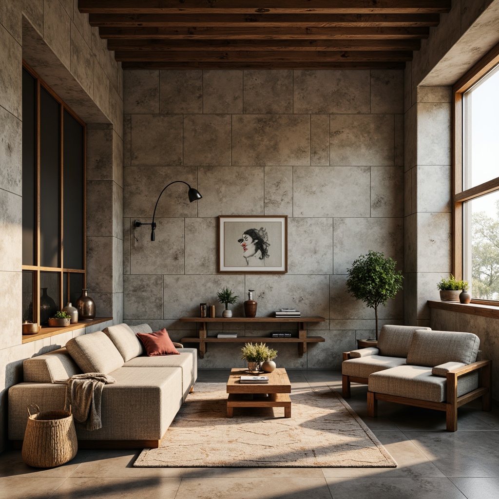 Prompt: Rustic textured walls, plastered concrete surfaces, earthy color palette, natural stone accents, industrial chic aesthetic, modern minimalist decor, sleek metal fixtures, reclaimed wood furniture, urban loft atmosphere, soft warm lighting, shallow depth of field, 1/1 composition, realistic textures, ambient occlusion.