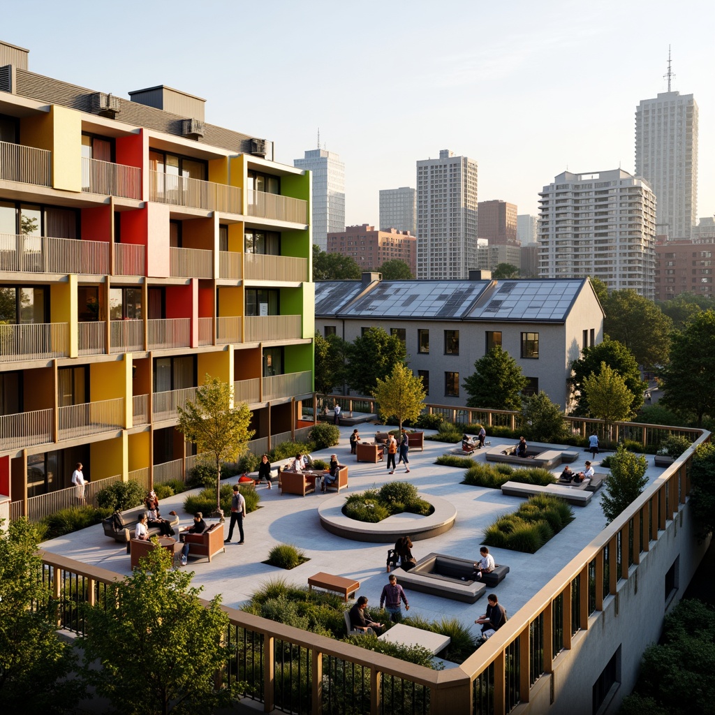 Prompt: Vibrant student hall, social housing community, modern facade design, bold color scheme, geometric patterns, metallic accents, green roofs, solar panels, large windows, natural light, open balconies, cozy seating areas, urban landscape, city skyline, morning sunlight, soft warm lighting, shallow depth of field, 1/1 composition, realistic textures, ambient occlusion.