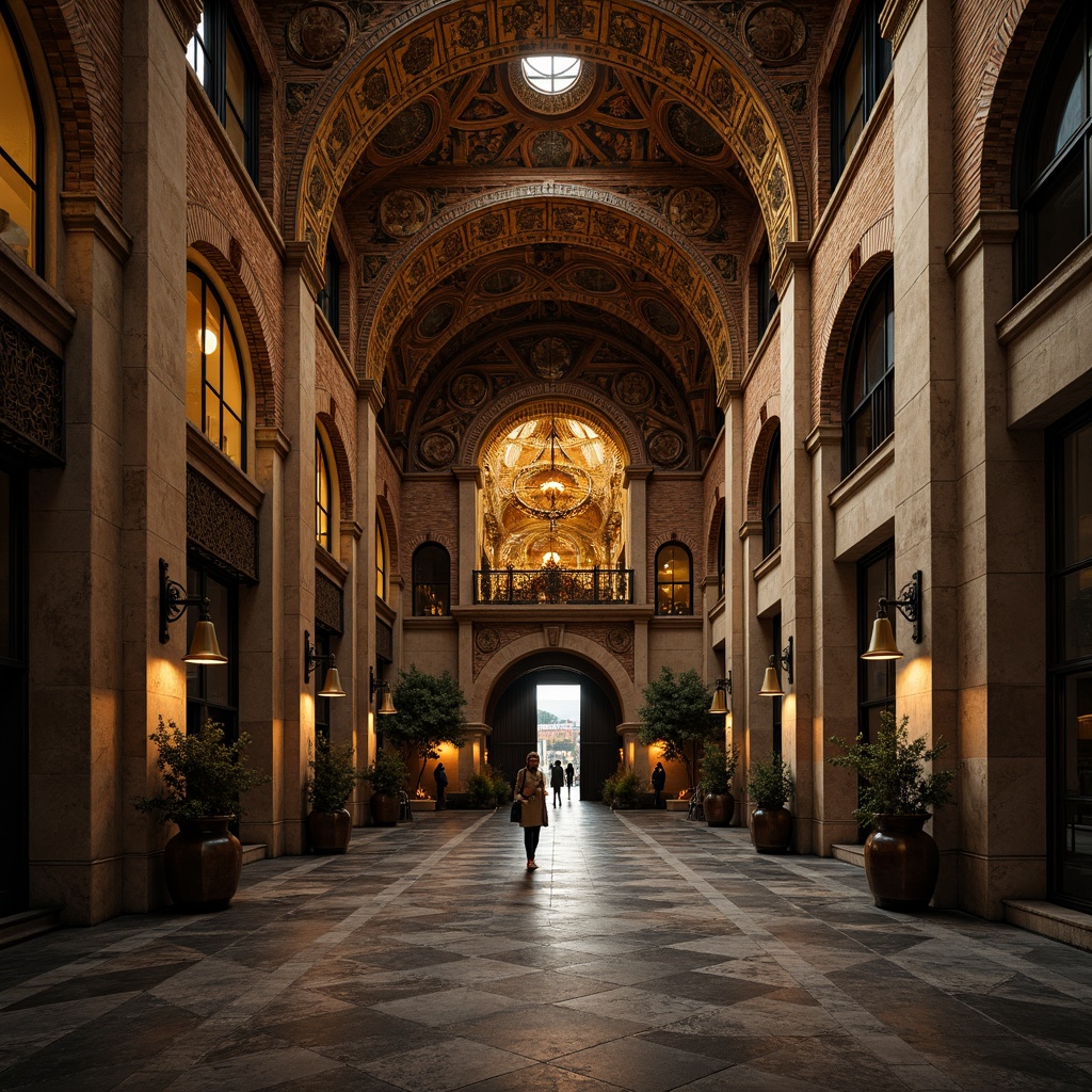 Prompt: Ancient warehouse, Byzantine facade, ornate stone carvings, golden mosaics, grand arches, rustic brick walls, distressed wooden doors, intricate metalwork, ornamental columns, vintage industrial equipment, dim warm lighting, rich textures, detailed stonework, aged copper accents, mysterious ambiance, cinematic composition, shallow depth of field, 1/1 aspect ratio, realistic reflections.