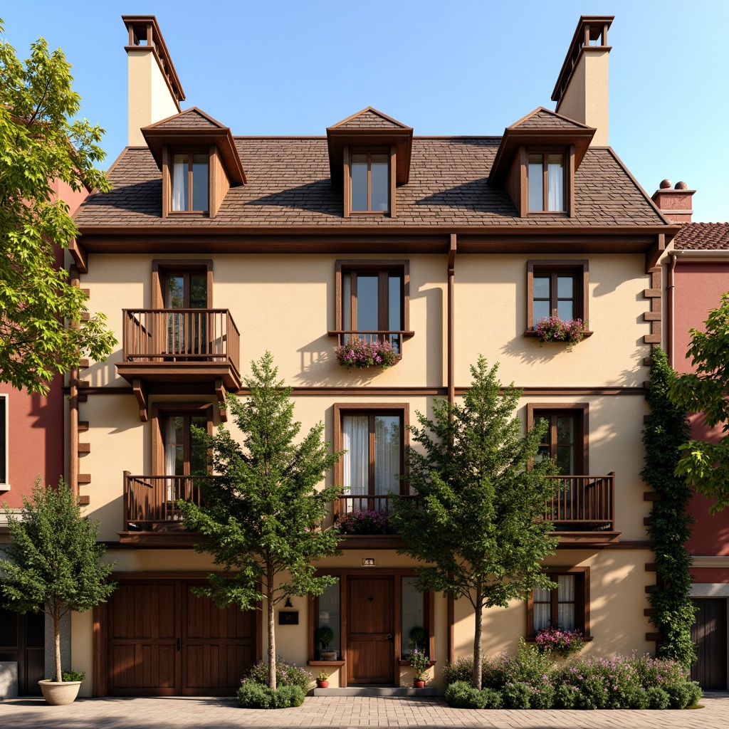 Prompt: Earth-toned facade, ornate stonework, wooden accents, pitched roofs, steeples, dormer windows, decorative shutters, traditional regional ornaments, clay tile roofing, rustic wooden doors, wrought iron balconies, verdant vines, blooming flowers, warm sunny day, soft natural lighting, 1/2 composition, symmetrical arrangement, realistic textures, ambient occlusion.