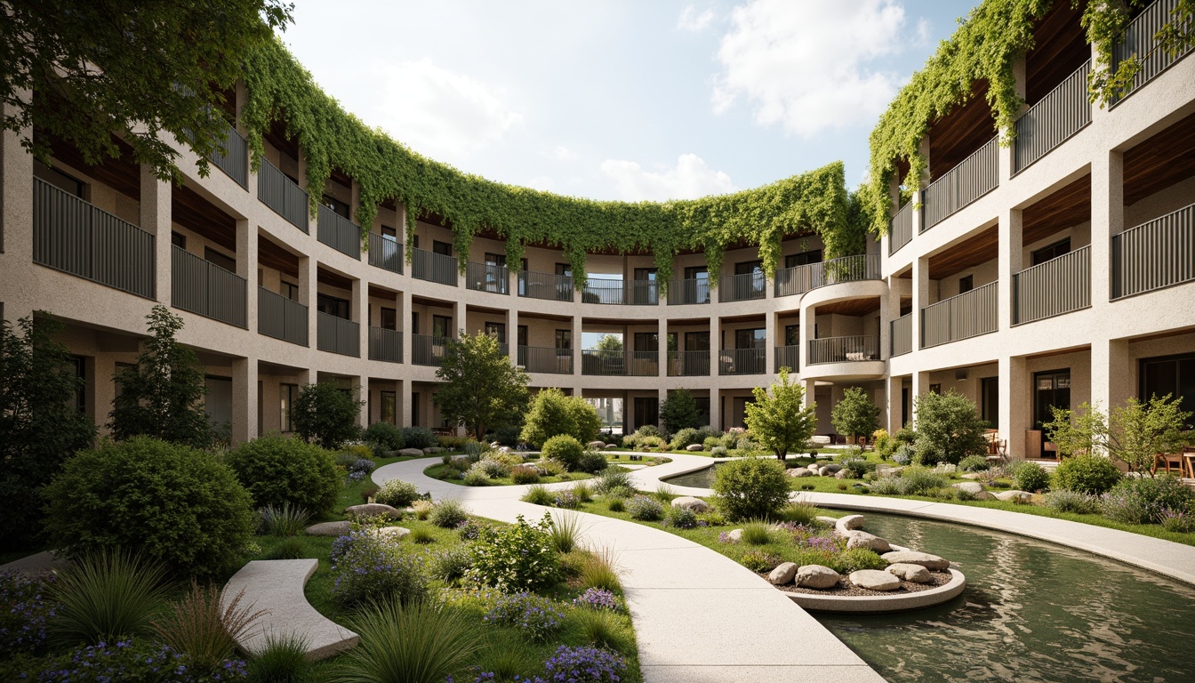 Prompt: Curved hospital building, natural stone facade, lush green walls, organic shapes, wooden accents, abundant daylight, soft diffused lighting, calming water features, serene courtyard gardens, walking paths, benches, native plant species, gentle slopes, earthy color palette, exposed wood beams, clerestory windows, circular columns, peaceful ambiance, 1/1 composition, shallow depth of field, warm color temperature, natural textures, ambient occlusion.