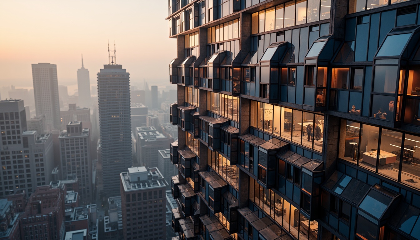 Prompt: Fragmented skyscraper facade, irregular shapes, jagged edges, bold color contrasts, fractured glass surfaces, distorted reflections, abstract geometric patterns, dynamic LED lighting, futuristic urban landscape, cityscape with dense high-rises, misty atmosphere, warm golden hour lighting, shallow depth of field, 1/1 composition, realistic materials, ambient occlusion.