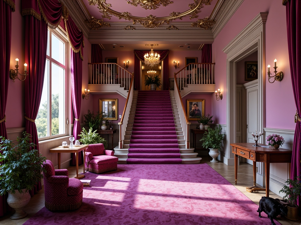 Prompt: Luxurious orchid-hued mansion, ornate Victorian architecture, grandiose entrance halls, sweeping staircases, lavish furnishings, velvet drapes, golden accents, soft warm lighting, shallow depth of field, 1/2 composition, intimate atmosphere, rich jewel tones, regal purple undertones, blush pink highlights, creamy whites, subtle sheen textures, intricate patterns, elegant florals, refined metallic details.