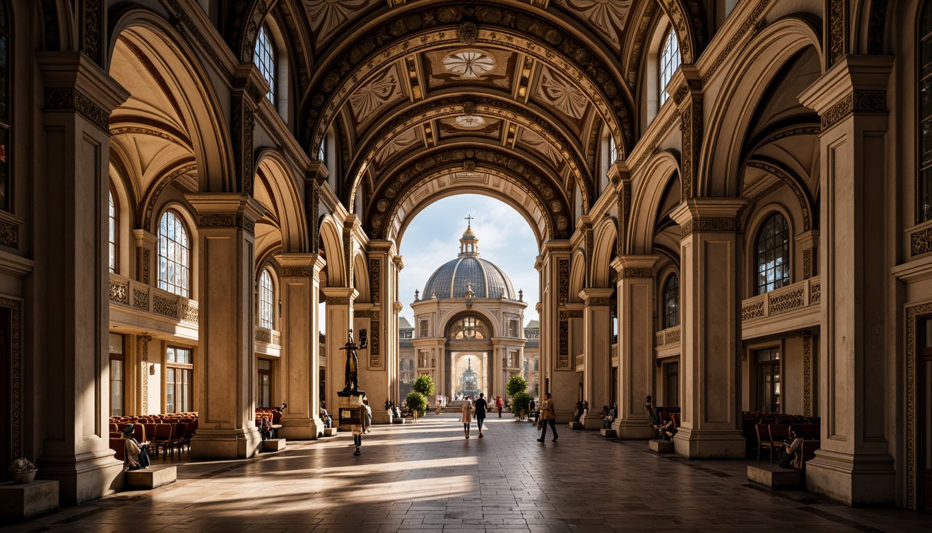 Prompt: Intricate stone carvings, grand arches, majestic domes, ornate columns, vaulted ceilings, stained glass windows, sacred symbols, reverent atmosphere, soft warm lighting, shallow depth of field, 3/4 composition, panoramic view, realistic textures, ambient occlusion.