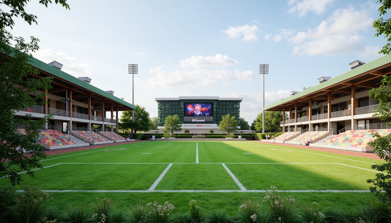 Prompt: Eco-friendly sports stadium, lush green turf, recycled rubber tracks, solar-powered scoreboards, rainwater harvesting systems, permeable pavers, organic fertilizers, native plant species, living walls, green roofs, energy-efficient LED lighting, minimalist design, sustainable wood bleachers, reclaimed metal framework, natural ventilation systems, shaded spectator areas, misting systems, vibrant colorful branding, dynamic digital displays.