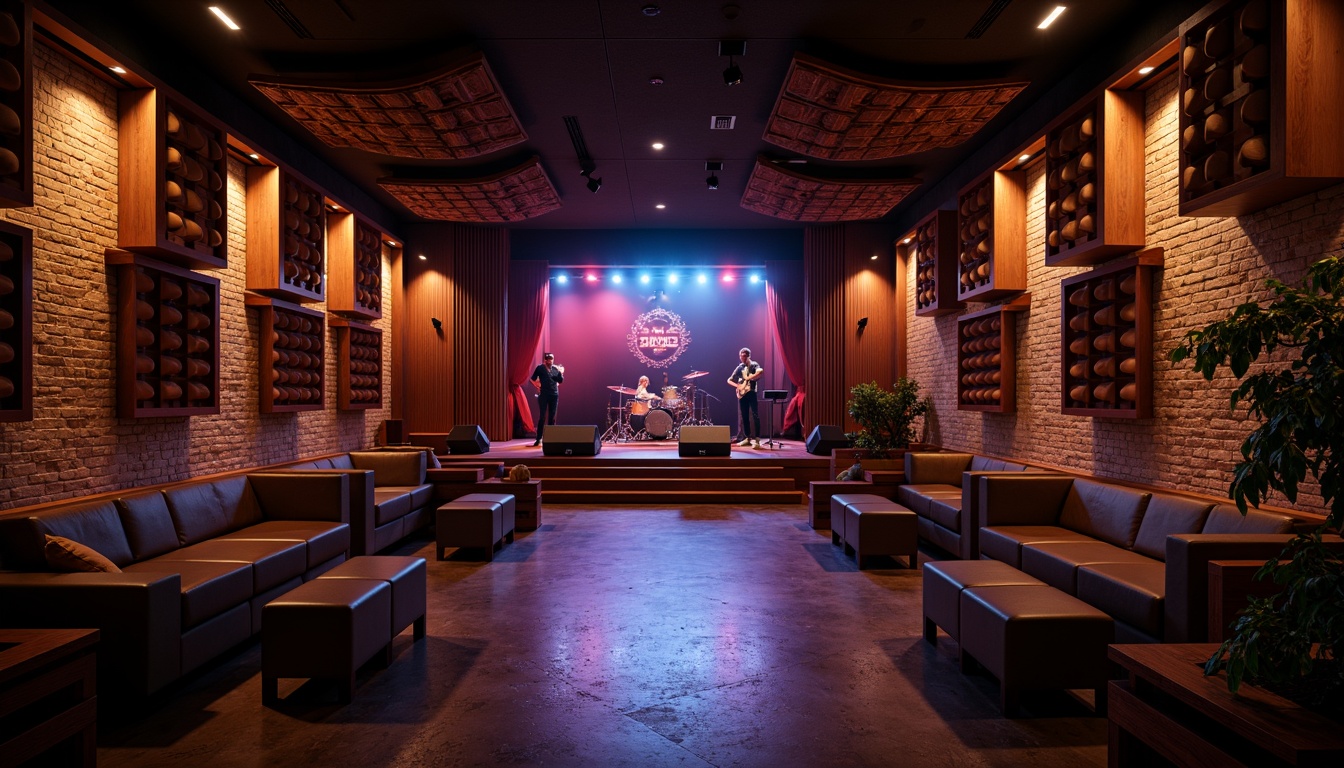 Prompt: Intimate live music venue, dimly lit atmosphere, rich wood accents, sound-absorbing panels, curved diffusers, acoustic screens, stage lighting, professional audio equipment, comfortable seating, rustic brick walls, elevated platforms, dynamic color schemes, warm ambient glow, soft focus spotlighting, 1/2 composition, shallow depth of field, realistic textures.