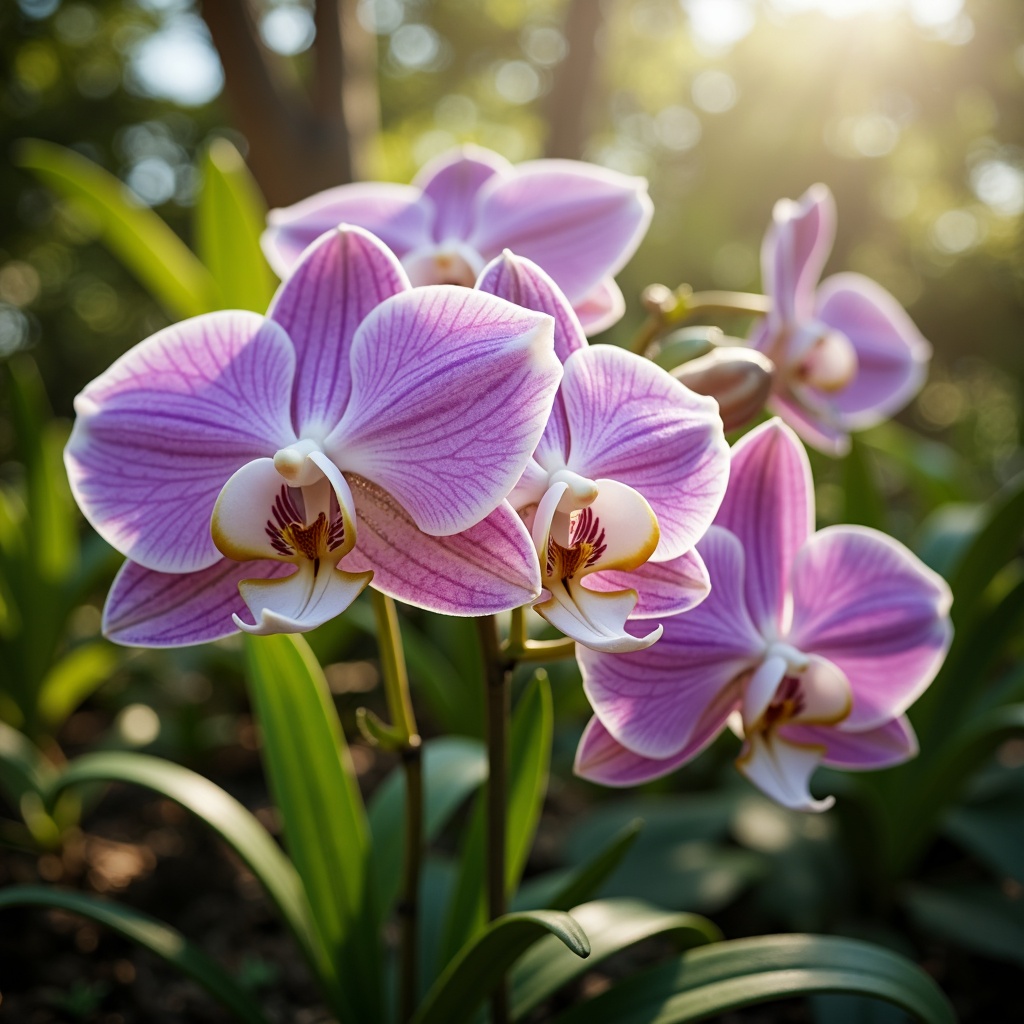 Prompt: Whimsical botanical garden, exotic orchid flowers, pastel purple hues, soft pink undertones, creamy white petals, delicate green leaves, subtle yellow accents, warm natural light, gentle misting effect, shallow depth of field, 1/1 composition, soft focus, realistic textures, ambient occlusion.