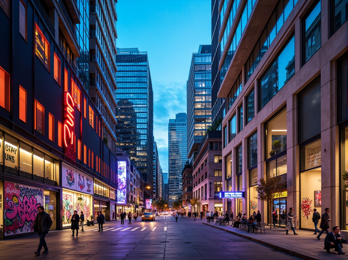 Prompt: Vibrant cityscape, bold color contrasts, modern skyscrapers, sleek glass facades, neon lights, urban atmosphere, dynamic street art, colorful graffiti, eclectic building materials, textured concrete walls, metallic accents, futuristic design elements, high-contrast visual effects, dramatic shading, cinematic lighting, 1/1 composition, wide-angle lens, deep depth of field.