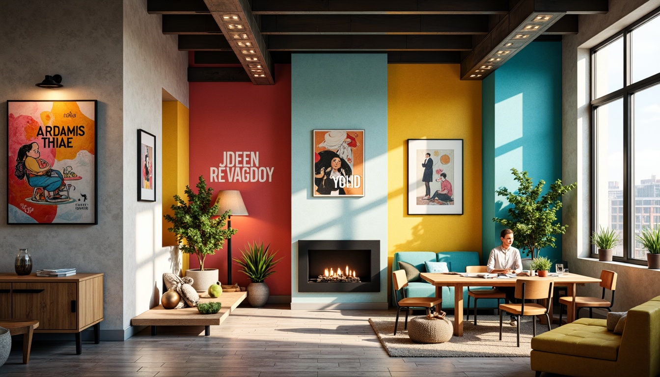 Prompt: Vibrant modern design studio, eclectic color scheme, bold typography, contrasting hues, pastel accents, rich textures, wooden furniture, natural light, airy atmosphere, minimalist decor, abstract artwork, sleek metal fixtures, geometric patterns, monochromatic walls, accent colors, moody lighting, shallow depth of field, 1/1 composition, realistic rendering.