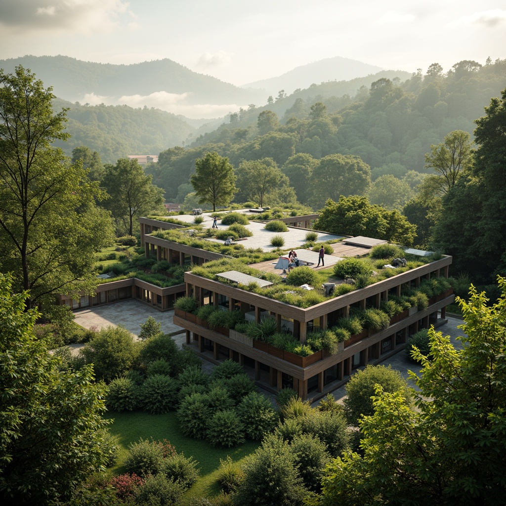 Prompt: Eco-friendly building, green roofs, living walls, solar panels, wind turbines, rainwater harvesting systems, natural ventilation, recyclable materials, energy-efficient appliances, organic gardens, wildflower meadows, serene forest surroundings, misty morning atmosphere, soft warm lighting, shallow depth of field, 3/4 composition, panoramic view, realistic textures, ambient occlusion.