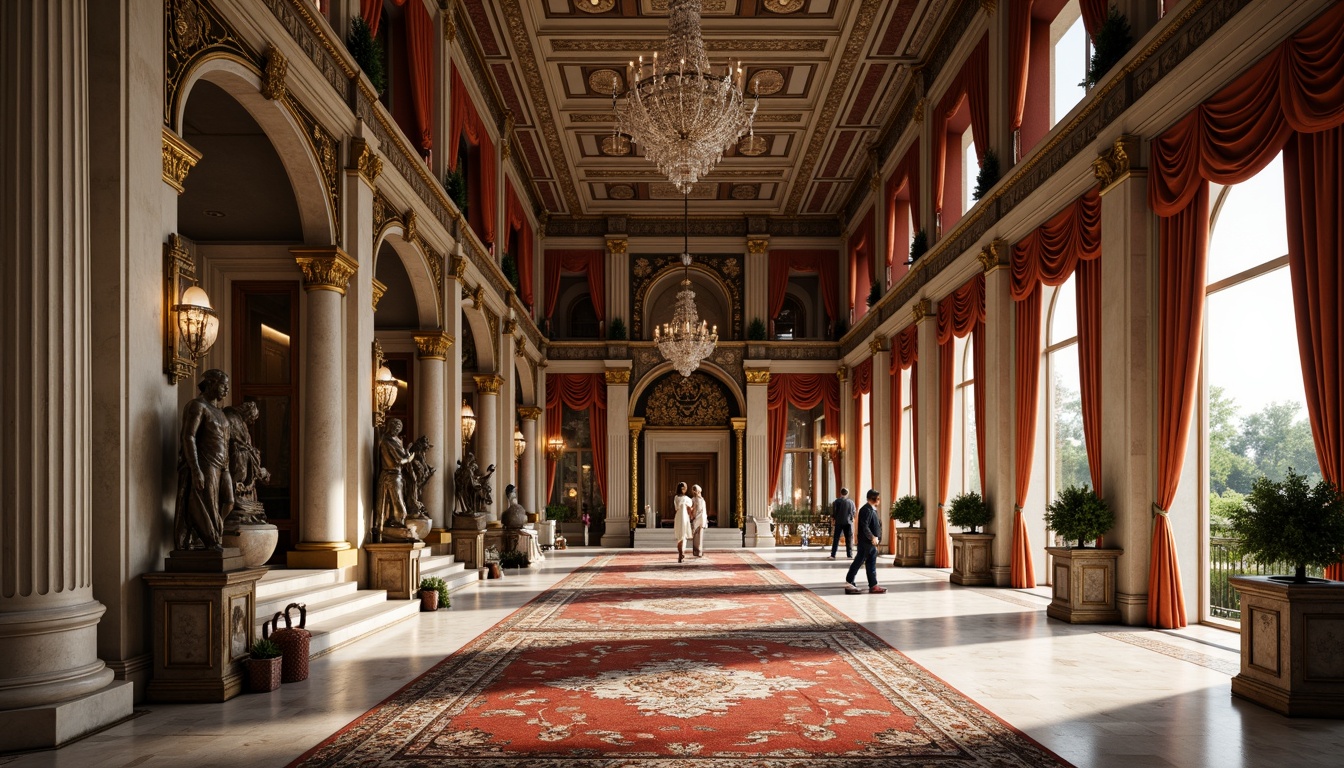 Prompt: Grandiose columns, ornate carvings, polished marble floors, richly patterned rugs, intricate moldings, gilded details, luxurious velvet drapes, antique bronze fixtures, stately stone statues, symmetrical facades, classical arches, dramatic ceiling heights, crystal chandeliers, soft warm lighting, shallow depth of field, 1/1 composition, realistic textures, ambient occlusion.