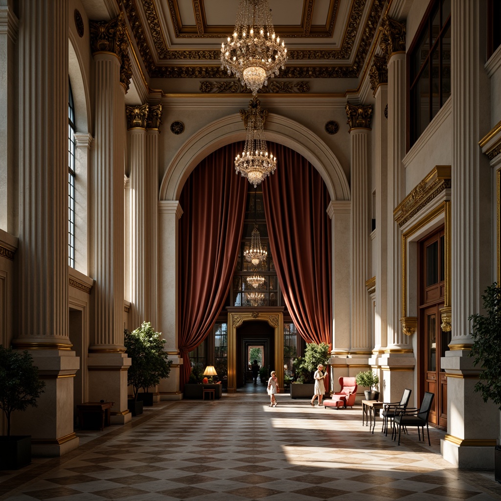 Prompt: Ornate columns, carved marble capitals, ornamental pediments, grand entrance archways, symmetrical facades, classical statues, intricate moldings, polished bronze doors, lavish chandeliers, crystal glass fixtures, opulent drapery, velvet upholstery, gilded accents, subtle shadow lighting, 1/2 composition, dramatic spotlighting, cinematic atmosphere, rich textures, detailed normal maps.