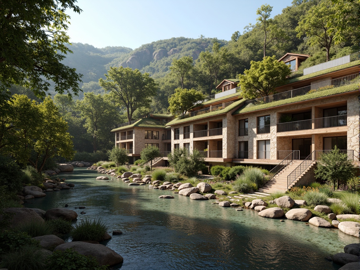 Prompt: Riverbank buildings, natural stone fa\u00e7ades, wooden accents, earthy tones, moss-covered roofs, lush greenery, serene water reflections, gentle river flows, warm sunny day, soft diffused lighting, shallow depth of field, 3/4 composition, panoramic view, realistic textures, ambient occlusion, tranquil atmosphere, organic shapes, curved lines, rustic charm, natural materials, earth-inspired colors.