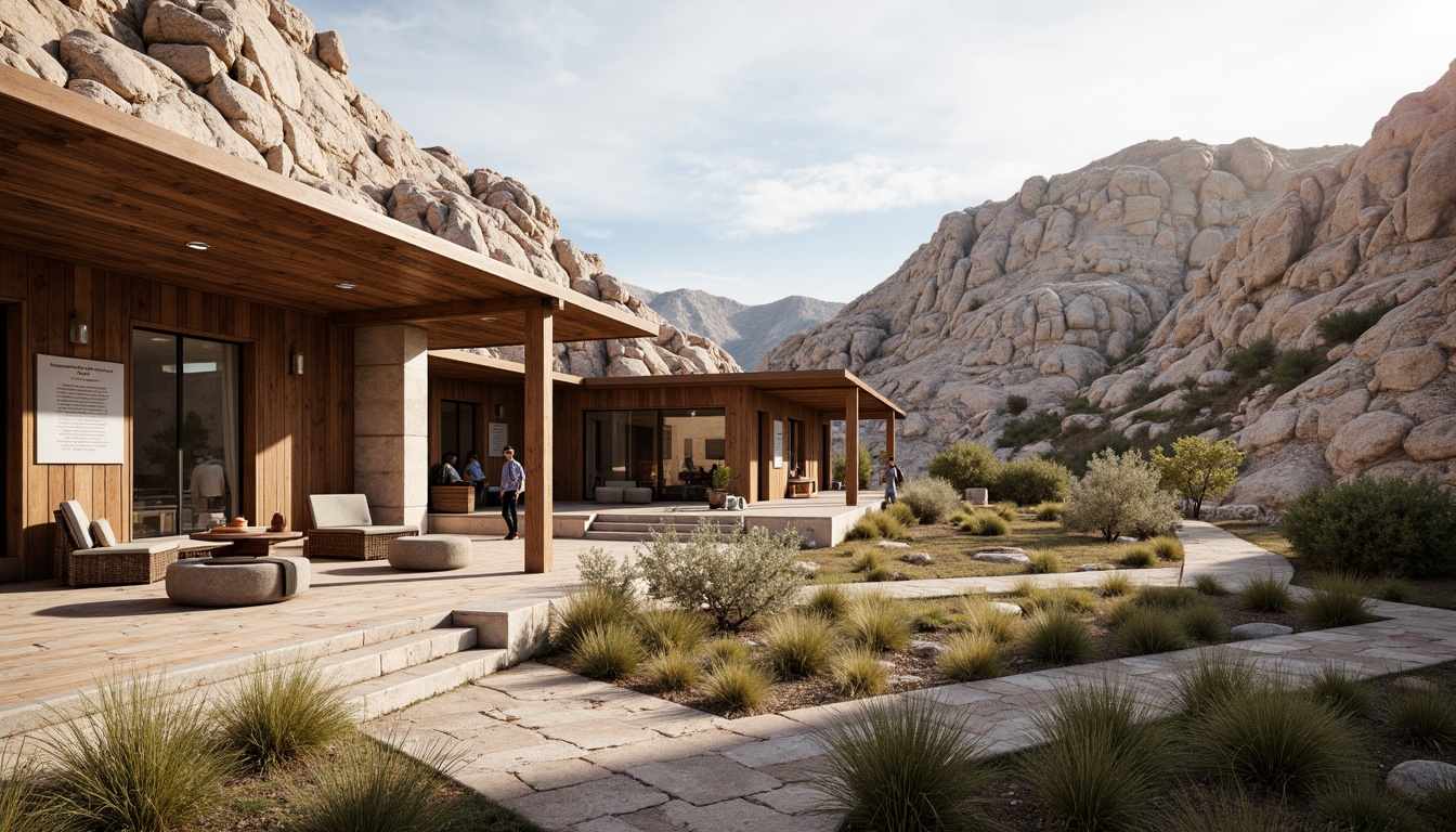 Prompt: Rustic plateau landscape, rocky outcrops, native flora, earthy tones, natural stone facades, wooden accents, sloping roofs, large overhangs, shaded outdoor spaces, educational signage, metal railings, minimalist design, abundant daylighting, soft warm lighting, 1/1 composition, realistic textures, ambient occlusion.Please let me know if this meets your requirements.