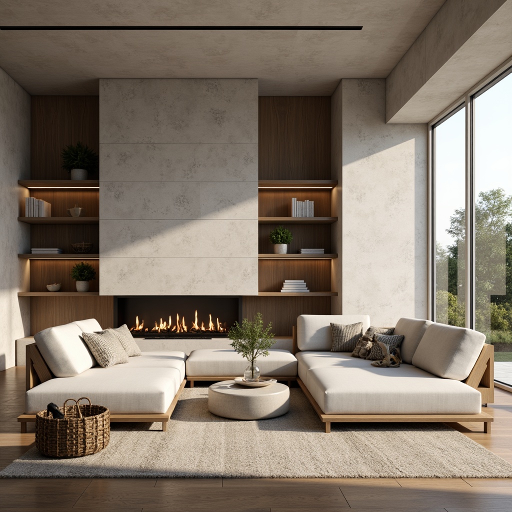 Prompt: Modern minimalist living room, sleek low-profile furniture, spacious open-plan layout, functional storage solutions, textured neutral-toned walls, polished wooden flooring, cozy reading nook, floor-to-ceiling windows, natural light pouring in, soft warm ambiance, 1/1 composition, shallow depth of field, realistic render, ambient occlusion.