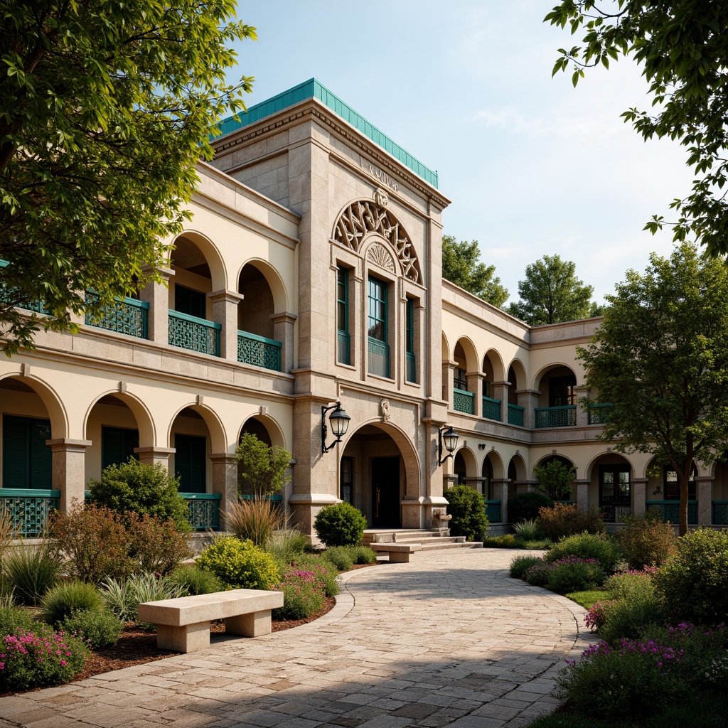 Prompt: Majestic Byzantine-style middle school building, ornate stone carvings, vibrant turquoise accents, lush greenery, blooming flowers, winding cobblestone pathways, shaded courtyard, rustic wooden benches, ancient-inspired lanterns, warm golden lighting, soft focus, shallow depth of field, 1/1 composition, symmetrical framing, realistic textures, ambient occlusion.