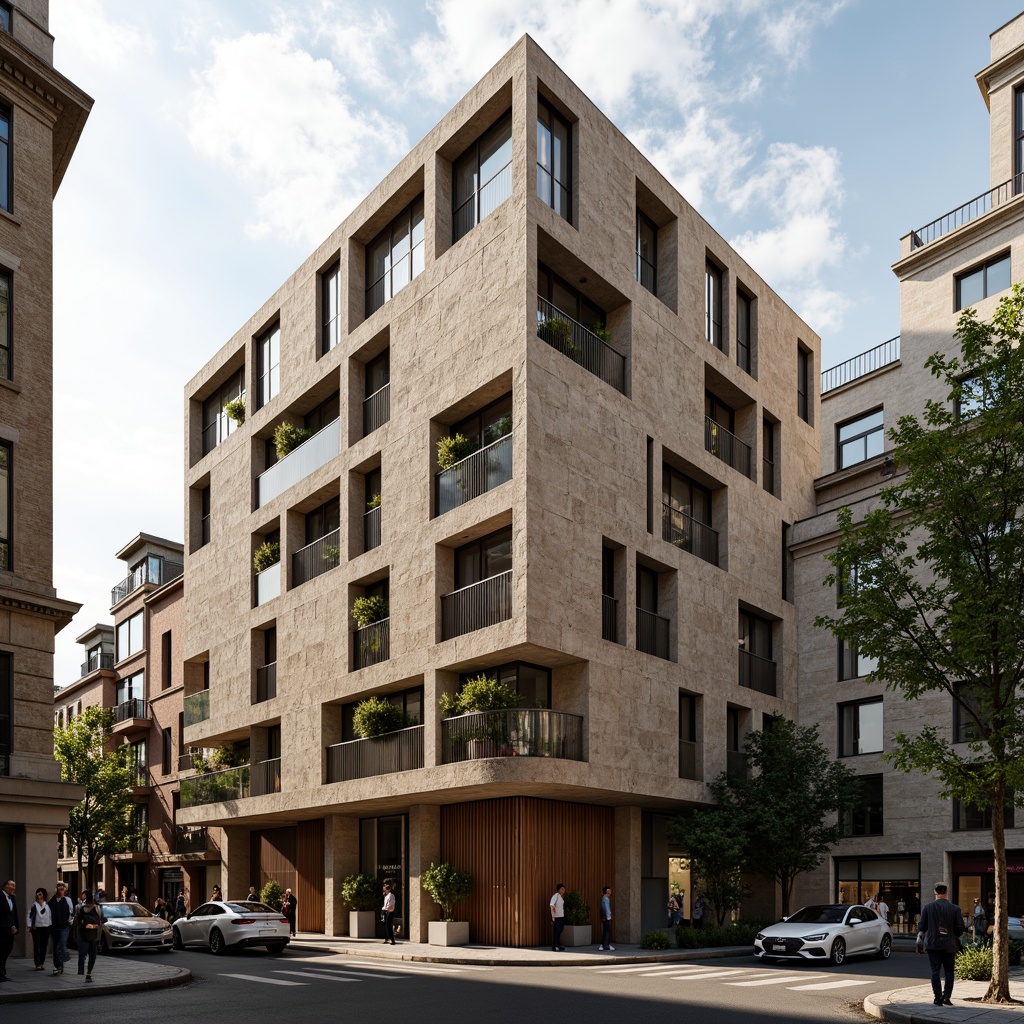 Prompt: Rustic modern building, rough plastered concrete facade, earthy tone color palette, textured surface finish, industrial chic aesthetic, urban landscape, dense cityscape, busy street life, natural light pouring in, soft warm lighting, shallow depth of field, 3/4 composition, realistic textures, ambient occlusion.